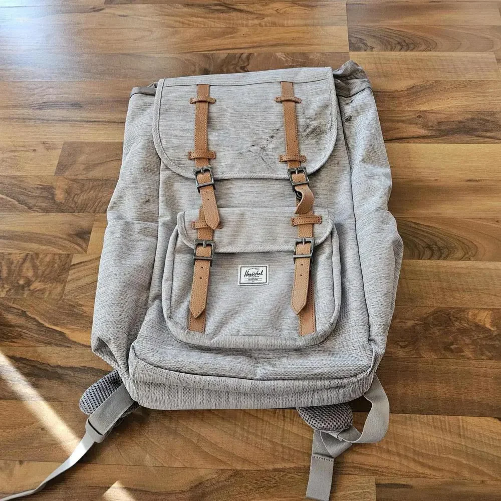 Herschel Littlr America Light Gray Backpack with Tan Straps